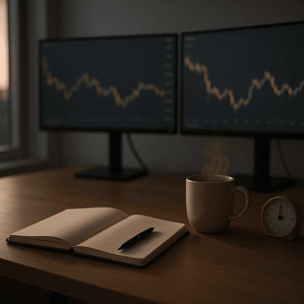 Open notebook and pen beside a trading monitor in morning light