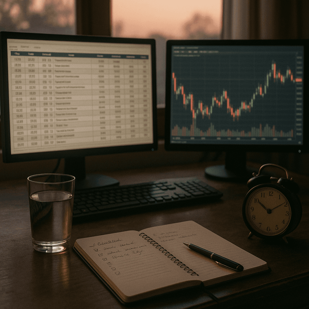 Trader’s desk with charts, economic calendar, and a handwritten checklist at dawn
