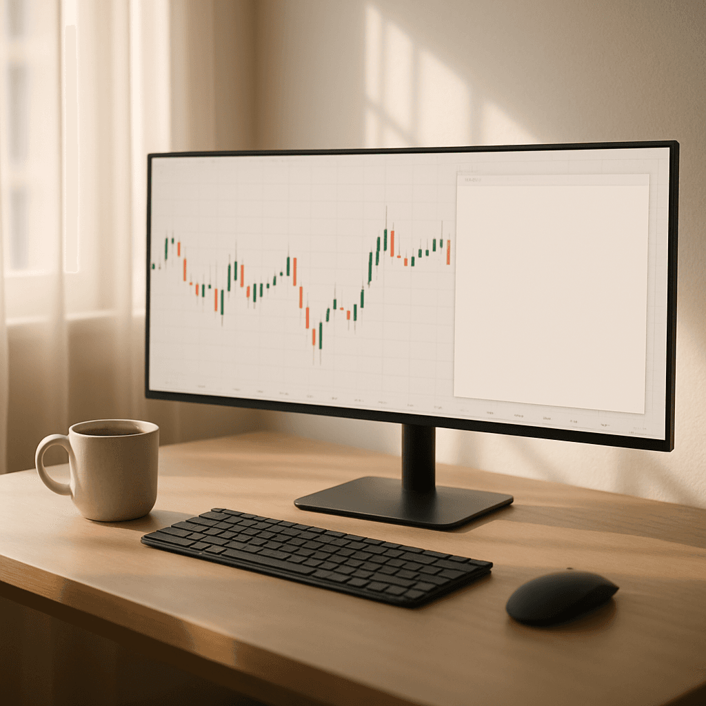 Minimal trading desk with one monitor, clean chart, and notes app in soft morning light.