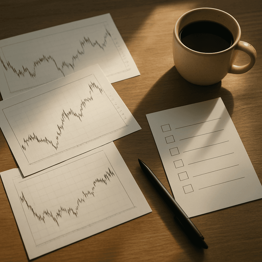 Overhead photo of a trader’s desk with charts, pen, coffee, and a paper checklist in soft morning light.