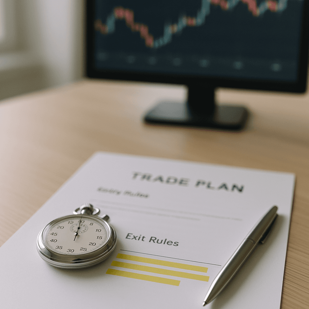 Close-up of a trading desk with a printed exit plan, stopwatch, and a blurred chart on a monitor.