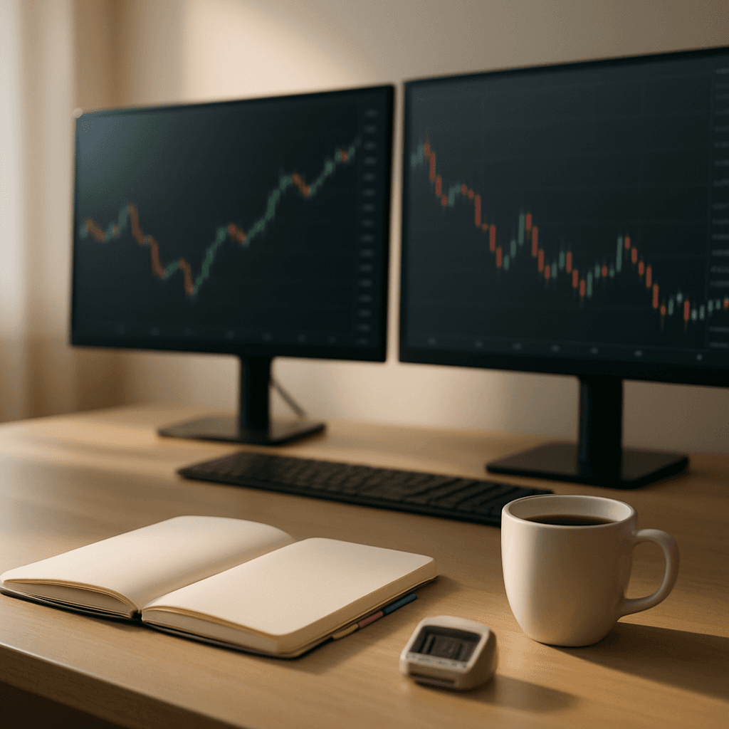Trading desk with charts, notebook, timer, and coffee in morning light.