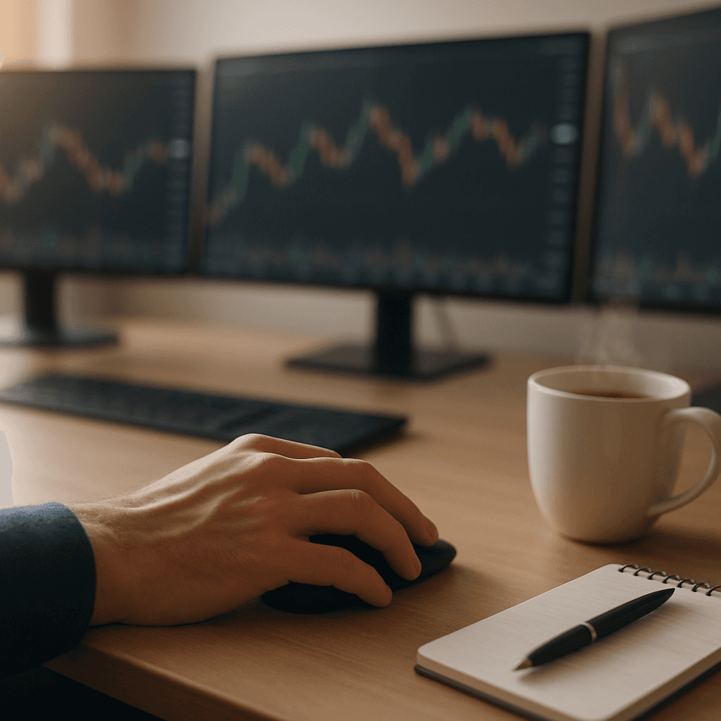 Hand hovers over mouse at a trading desk with blurred charts and a steaming cup.