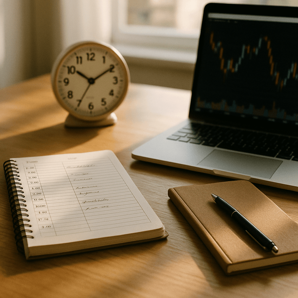 Morning trading desk with planner, clock, and charts in soft natural light.