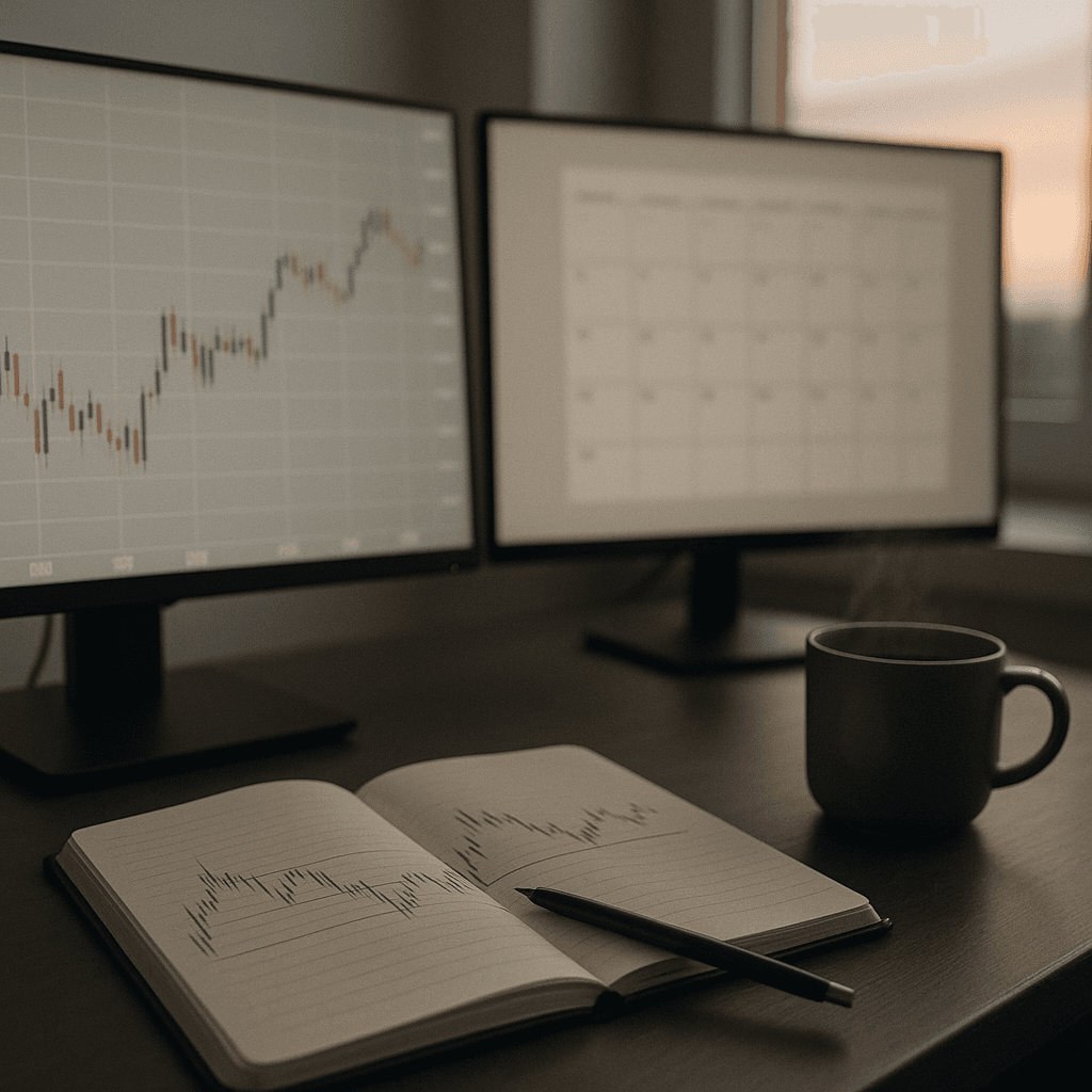 Minimalist trading desk with charts, calendar, and notebook at dawn.