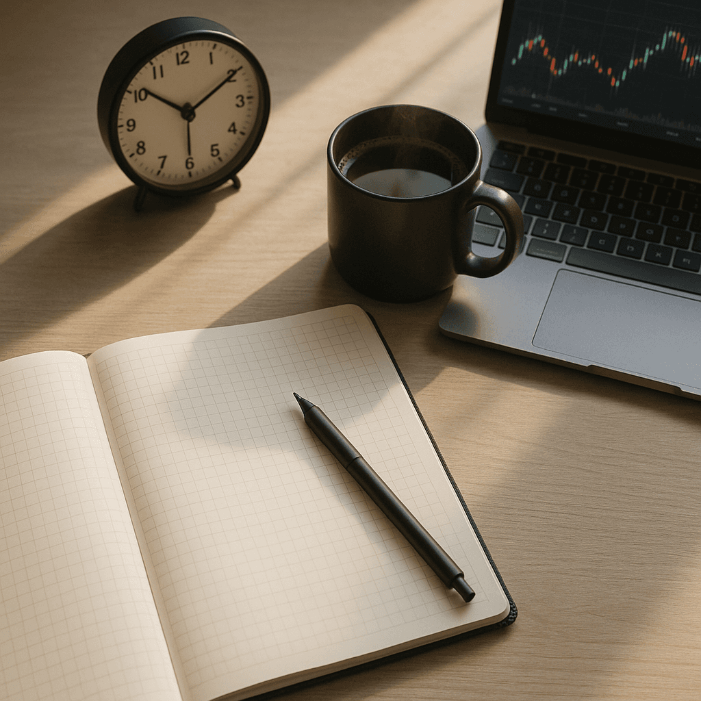 Overhead photo of a desk with a weekly trading scorecard notebook, pen, and coffee.