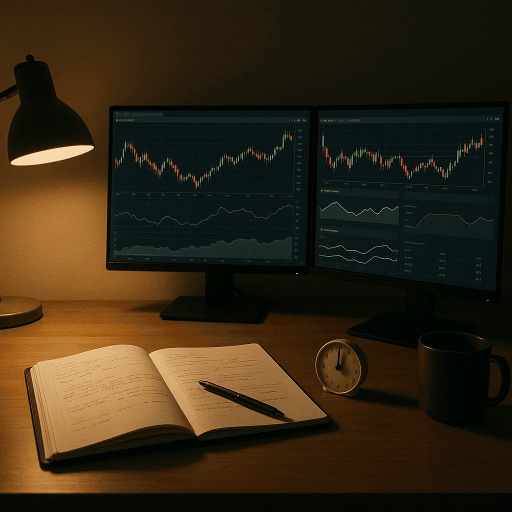 Trading desk at night with charts, an open notebook, and a timer under soft lamp light.