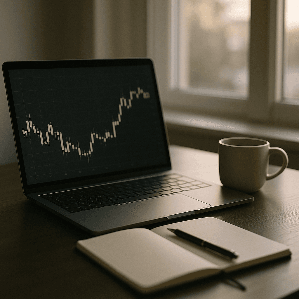 Calm trading desk at dawn with laptop chart, notebook, and coffee; no people visible.