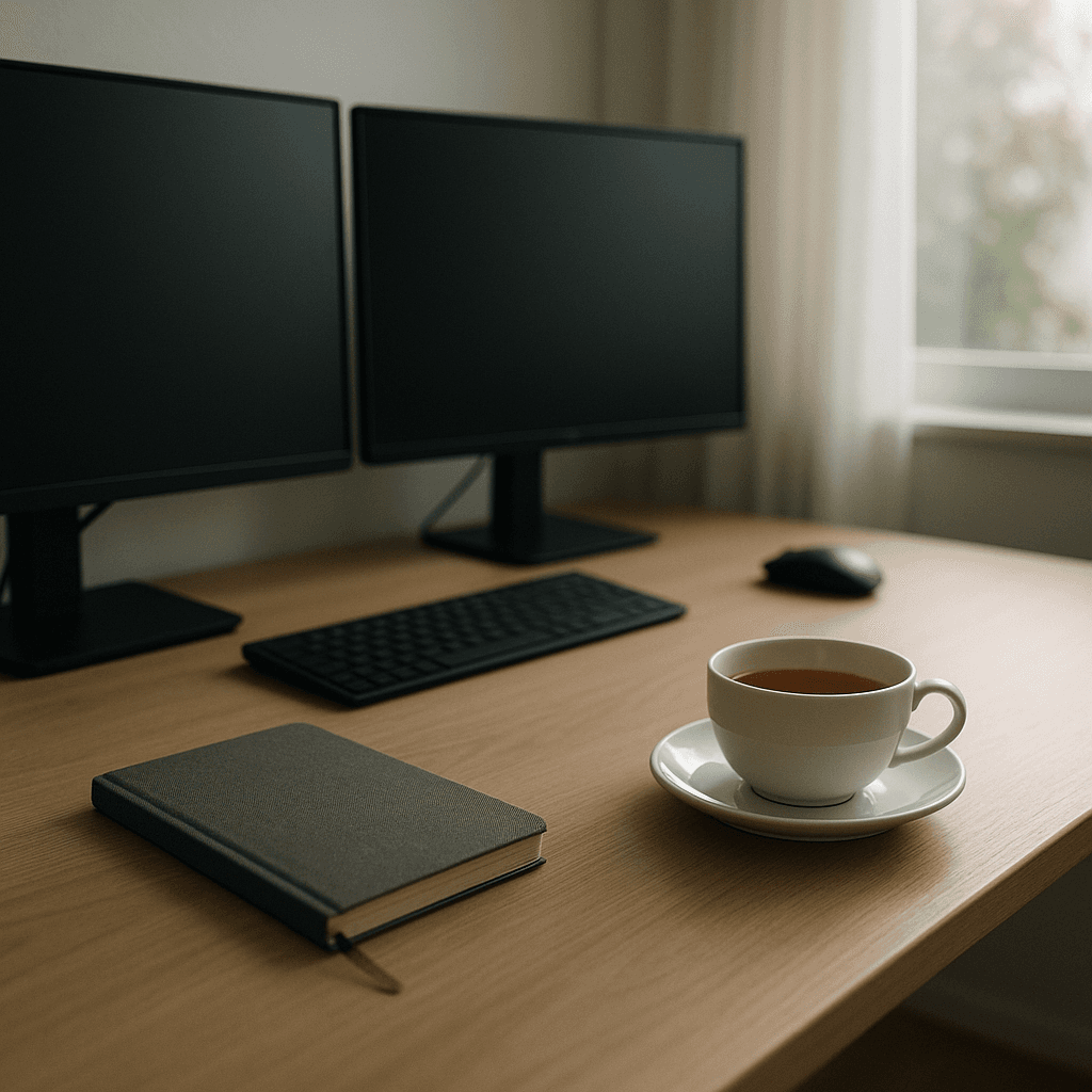 Quiet trading desk with monitors off, notebook closed, and a cup of tea in soft morning light.
