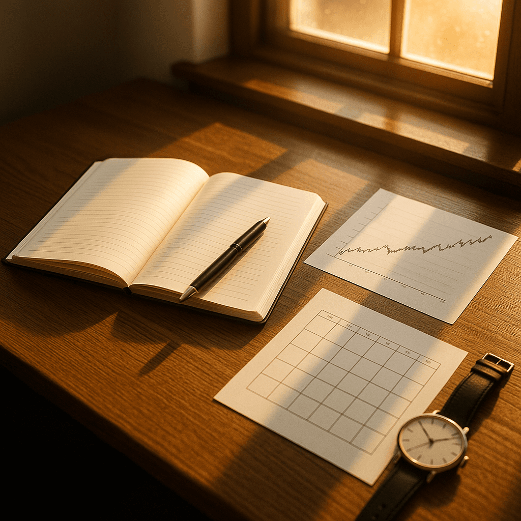 Open trading journal with pen, equity curve printout, and morning window light on a wooden desk