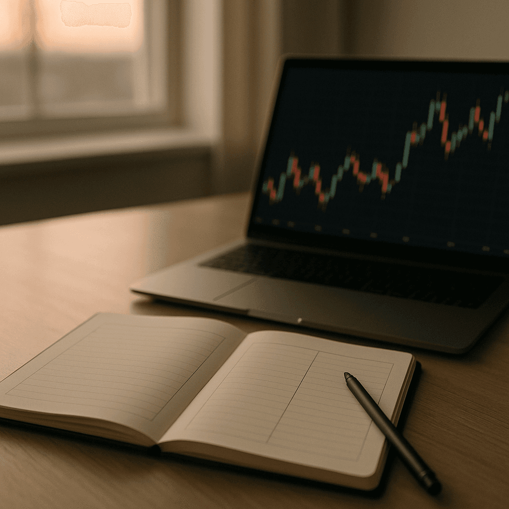Trader’s desk with open two-column notebook, pen, and a laptop showing a price chart.