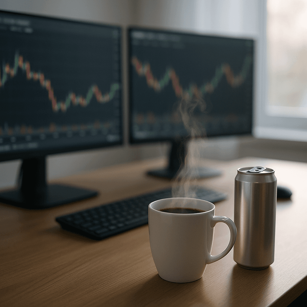Coffee and an energy drink on a trading desk with charts in the background.