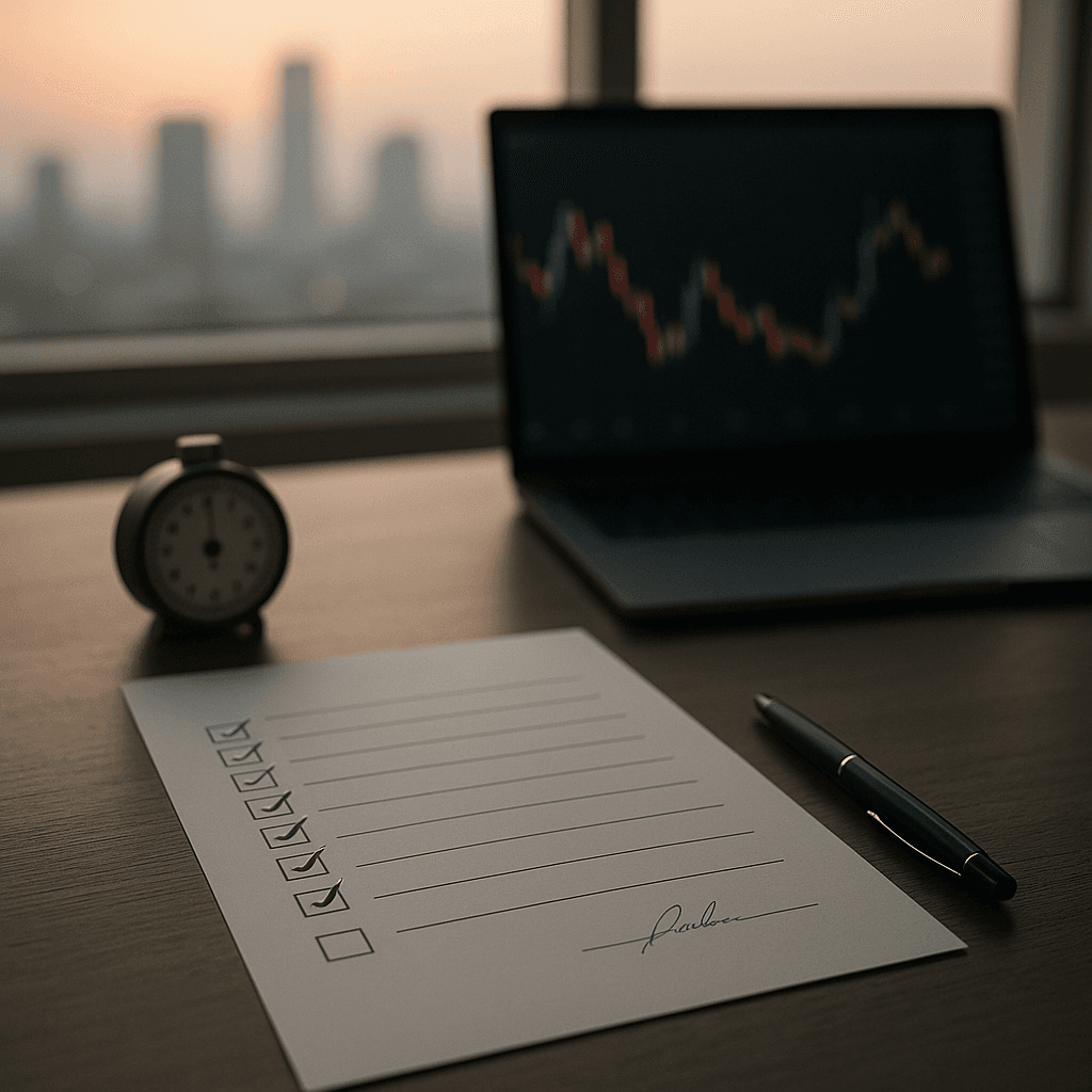 Signed trading checklist with pen and timer on a desk beside a blurred price chart.