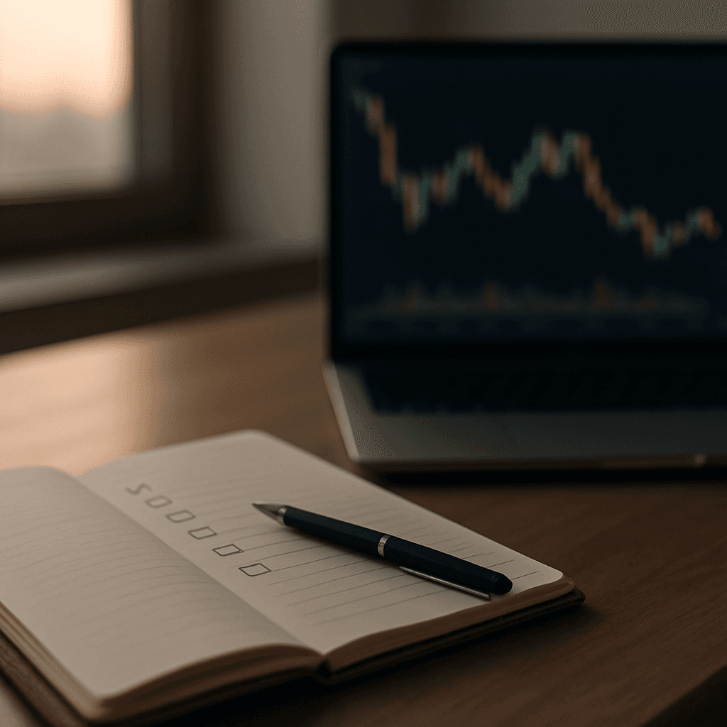 Trader’s journal beside a blurred price chart on a monitor