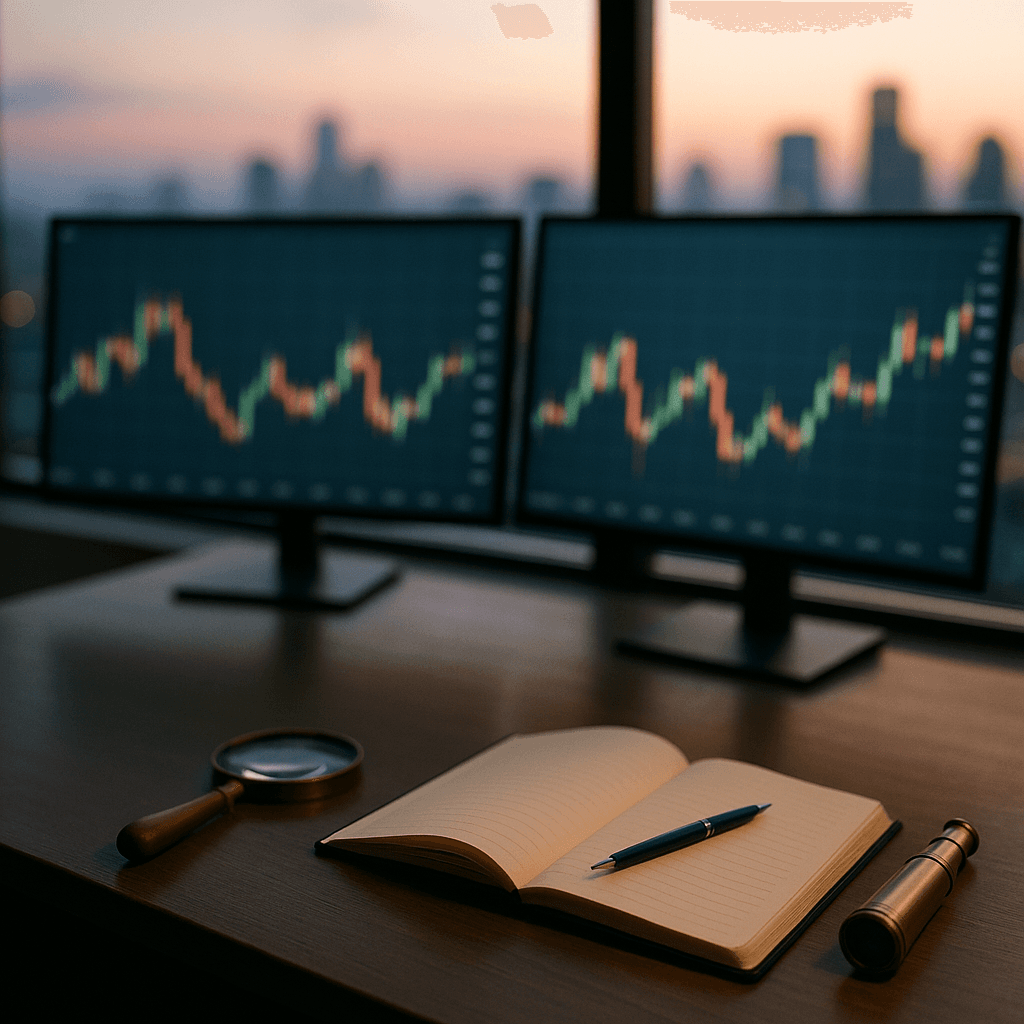 Magnifying glass and small telescope on a trader’s desk with charts on a screen.