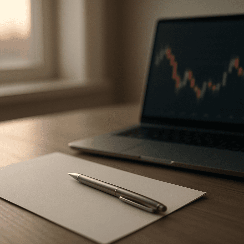 Pen on a paper document beside a laptop with a blurred candlestick chart