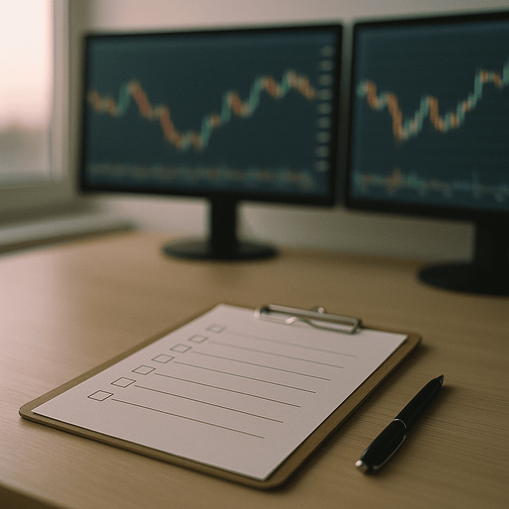 Printed trading checklist on a clipboard beside a pen with blurred charts on monitors.