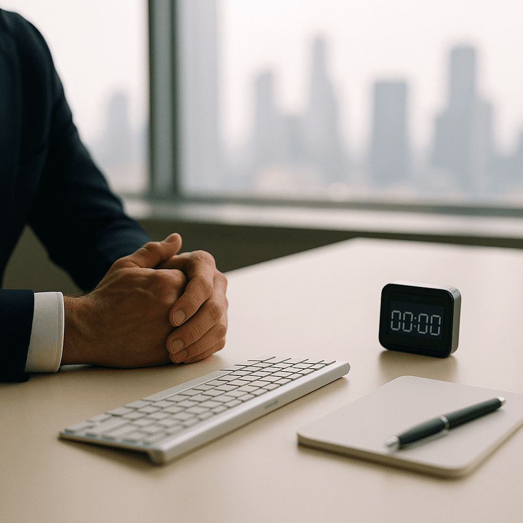 Calm trading desk with hands, timer, and notepad during a breathing pause.