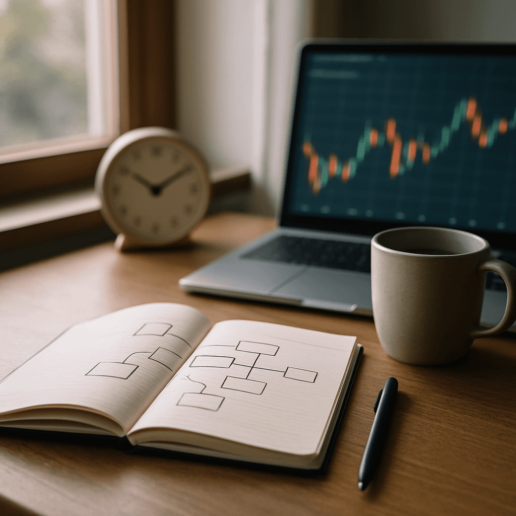 Open notebook with hand-drawn flow diagrams next to a laptop chart on a sunlit desk.