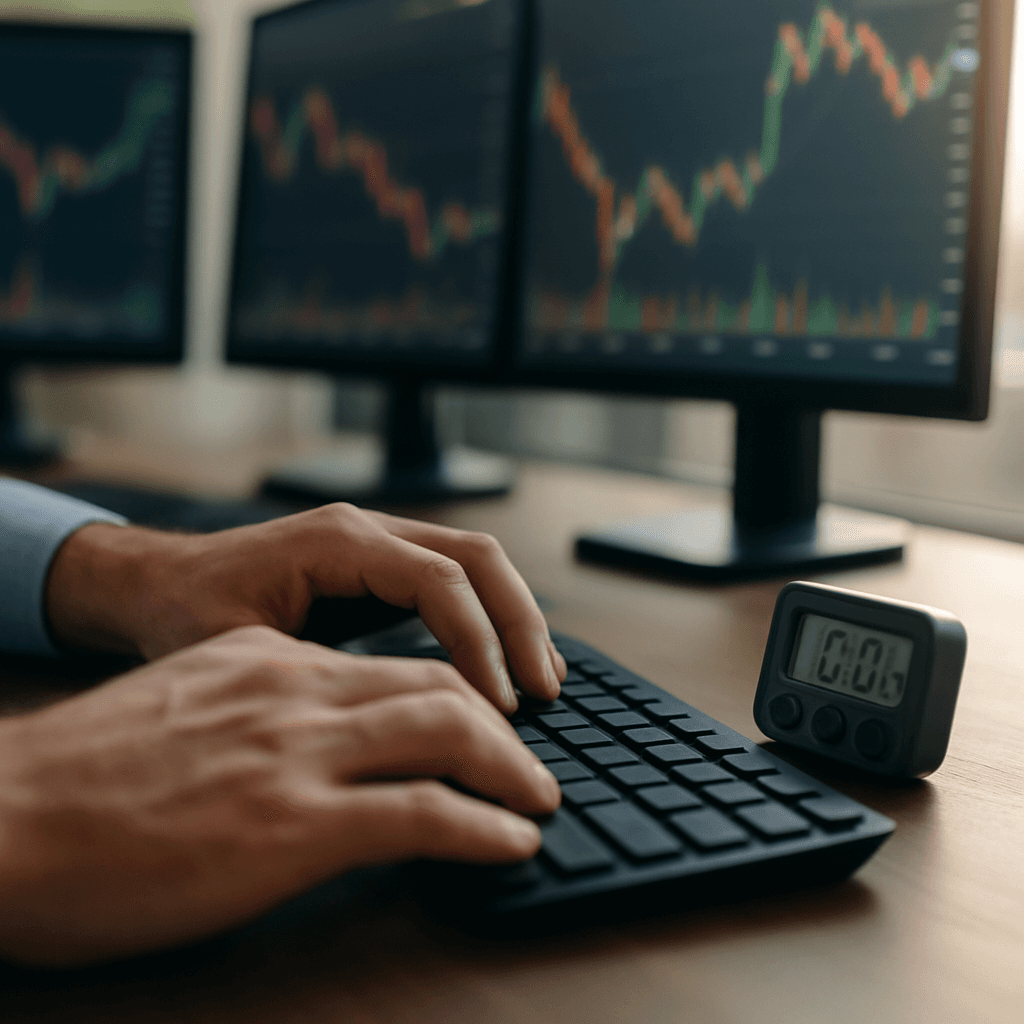 Hands pausing above a trading keyboard next to a small timer, charts blurred in the background.