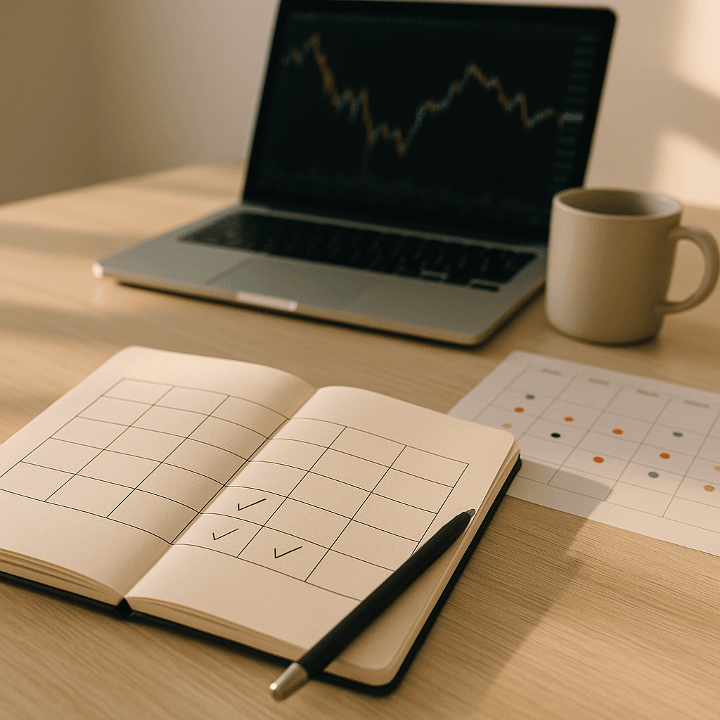 Desk with notebook scorecard, pen, and calendar used for trading accountability.