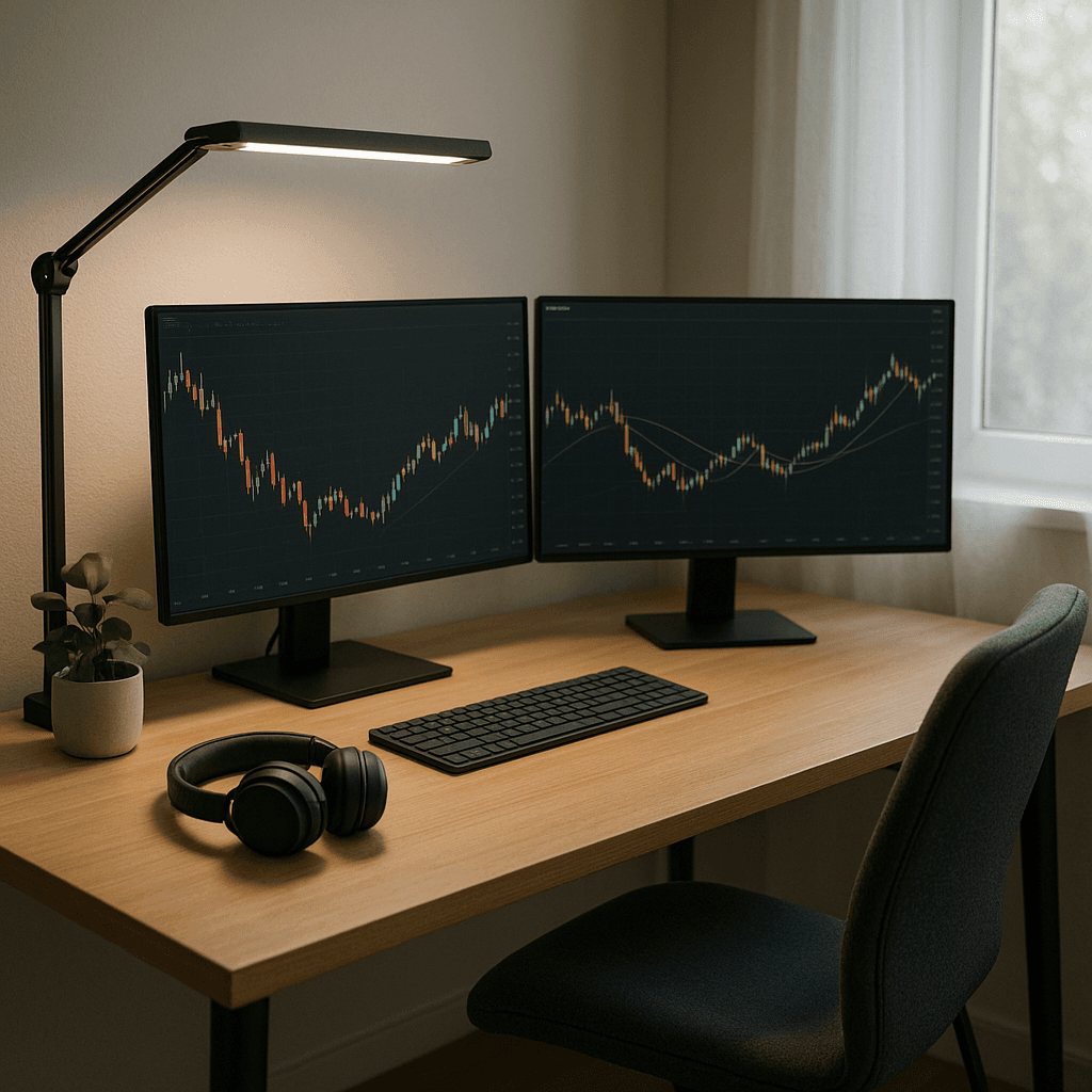 Ergonomic trading desk with natural light, task lamp, headphones, and plant.