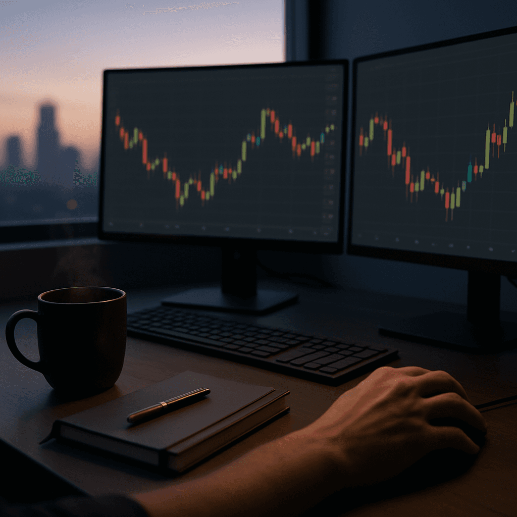 Dawn-lit trading desk with charts, notebook, and coffee for pre-market visualization.