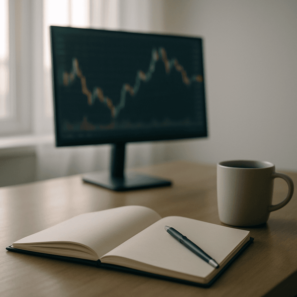 Quiet trading desk at dawn with blank notebook, pen, and a monitor showing blurred charts.
