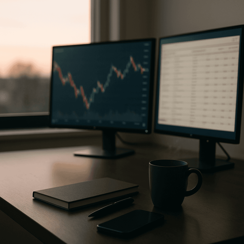 Calm trading desk with charts and an economic calendar at dawn