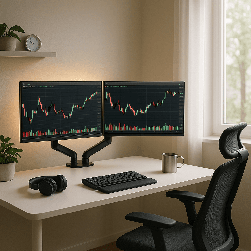 Ergonomic trading desk by a window with dual monitors and soft daylight
