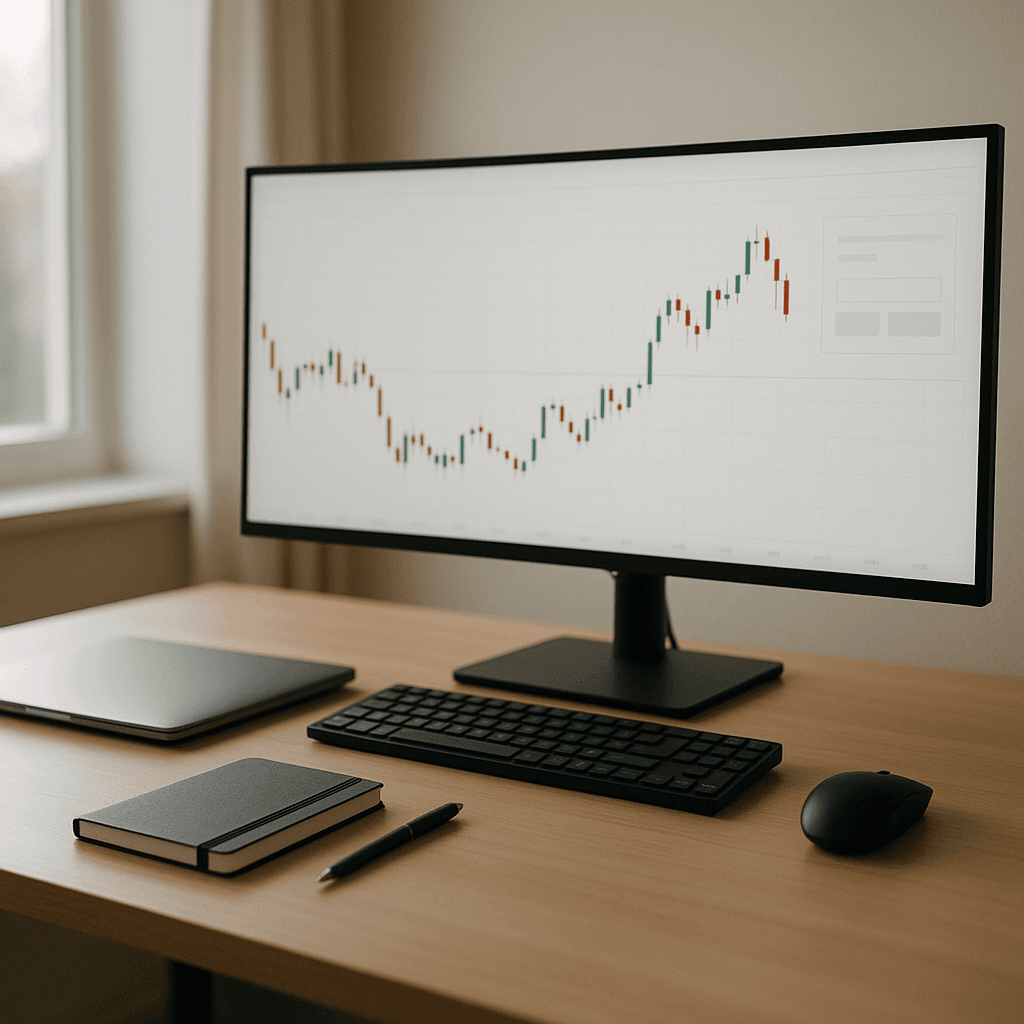 Minimalist trading desk with one monitor, single chart, and a notebook in morning light
