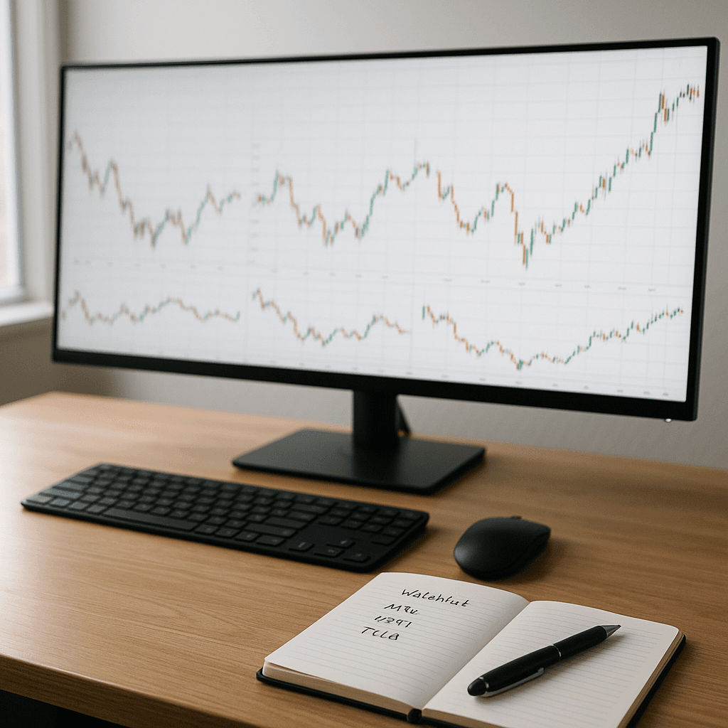 Minimal trading desk with short handwritten watchlist and a few charts on screen.