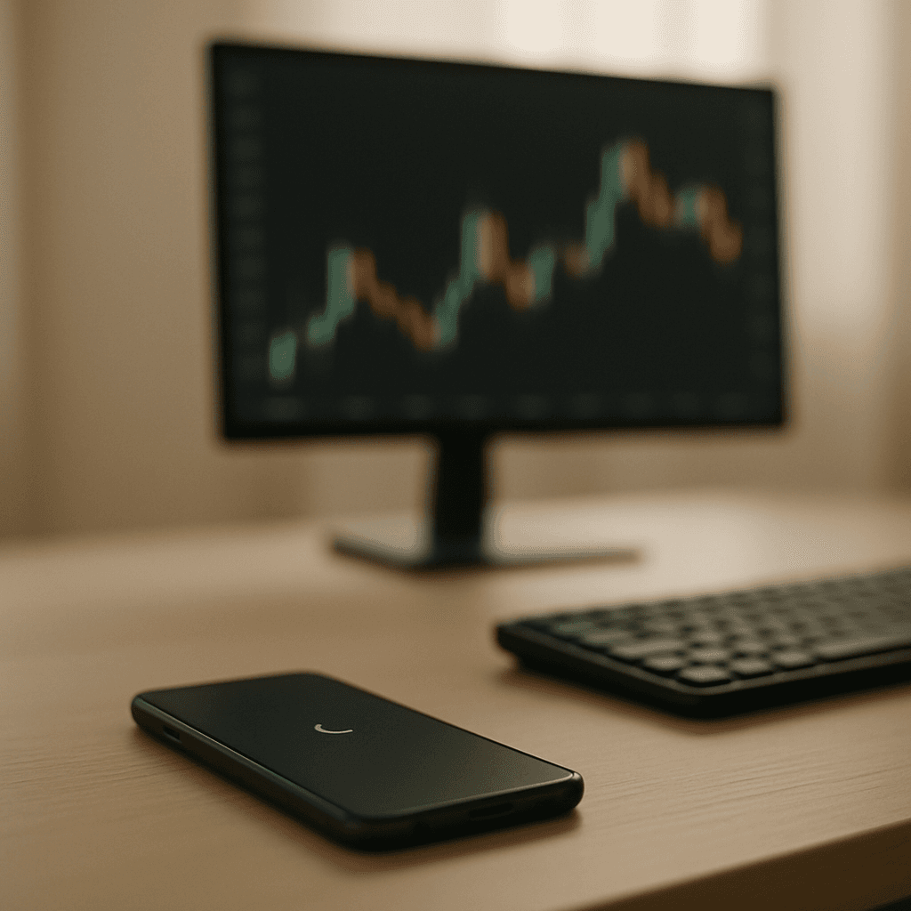 Phone in Do Not Disturb beside a trading monitor on a quiet desk.