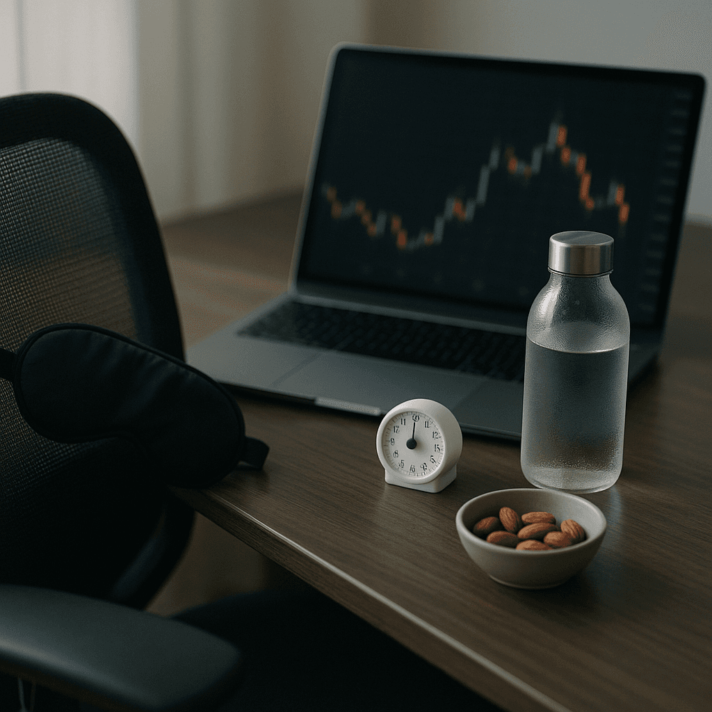Trading desk with eye mask, timer, water bottle, and healthy snack for a midday break