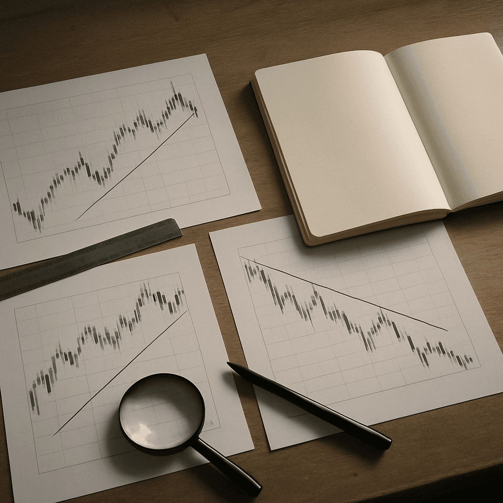 Overhead photo of charts, ruler, pen, magnifying glass, and notebook on a trading desk.