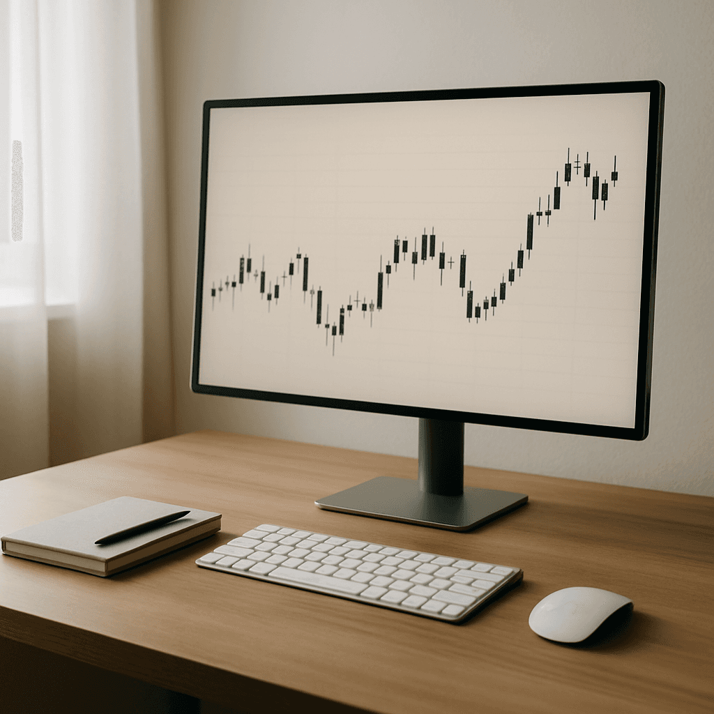 Minimal trading desk with one monitor displaying a clean chart.