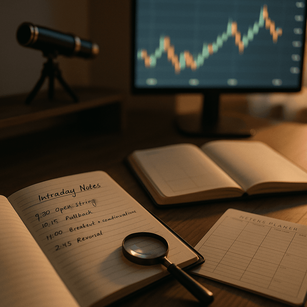 Desk with trading journal, weekly planner, magnifying glass, and a small telescope near a blurred chart screen.