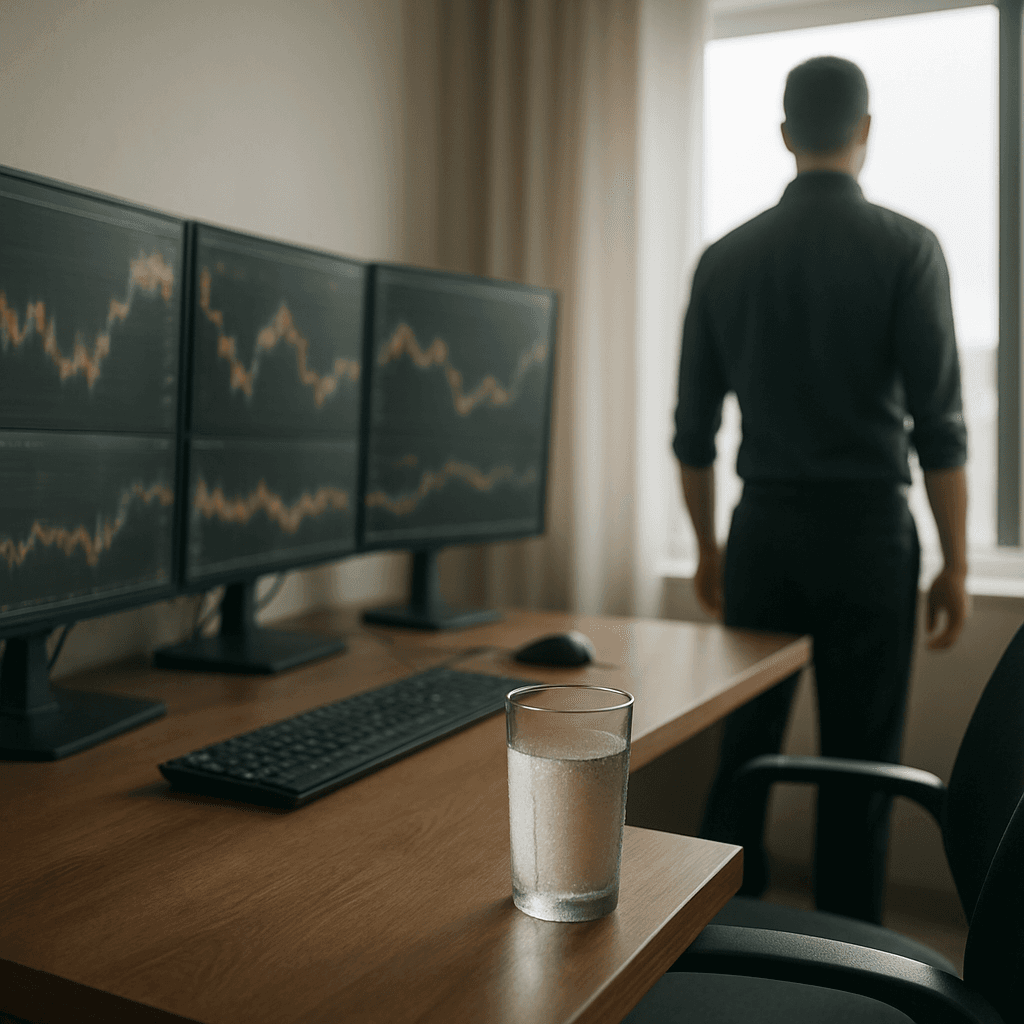 Trader stands by a window, glass of water on desk, monitors with blurred charts in soft daylight.